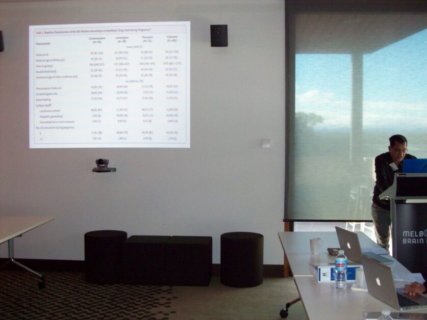Dr. Tarit Kanti Ghosh presenting data at a conference with a projector screen displaying a table of statistics.