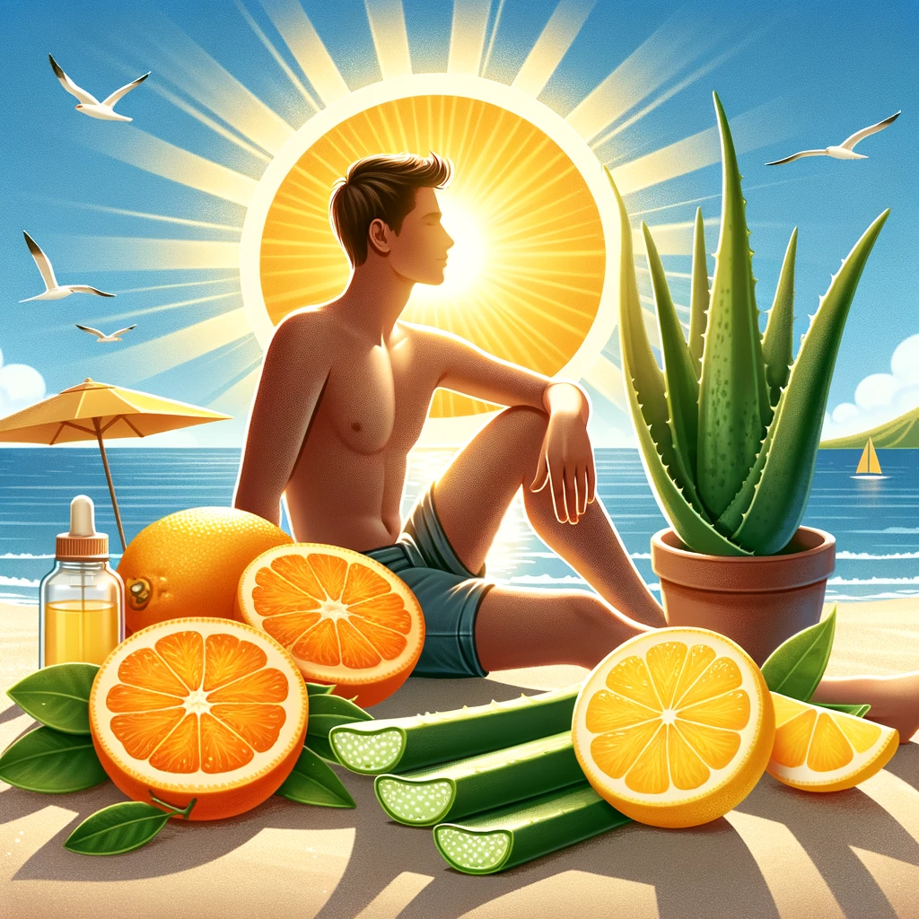 A person enjoying sunlight on a beach, fresh oranges and lemons, and an aloe vera plant, illustrating natural remedies for increasing melanin.
