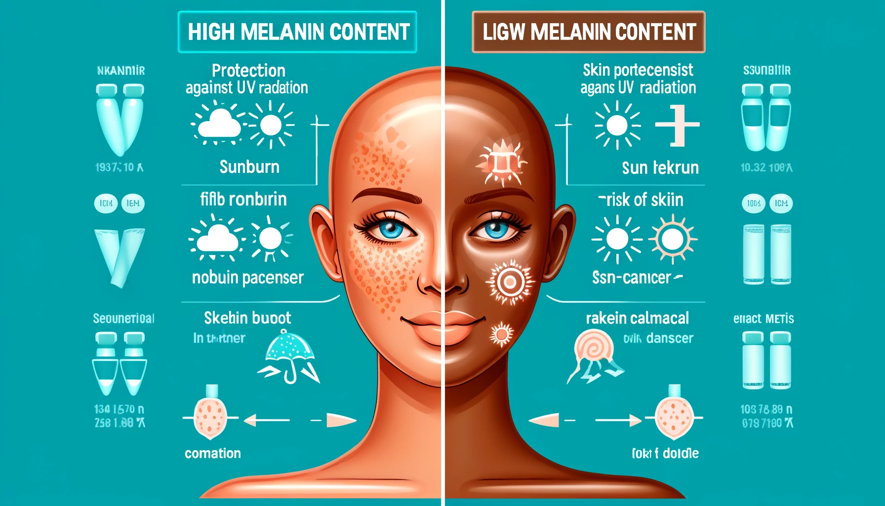 An educational illustration showing the effects of melanin levels in the skin.