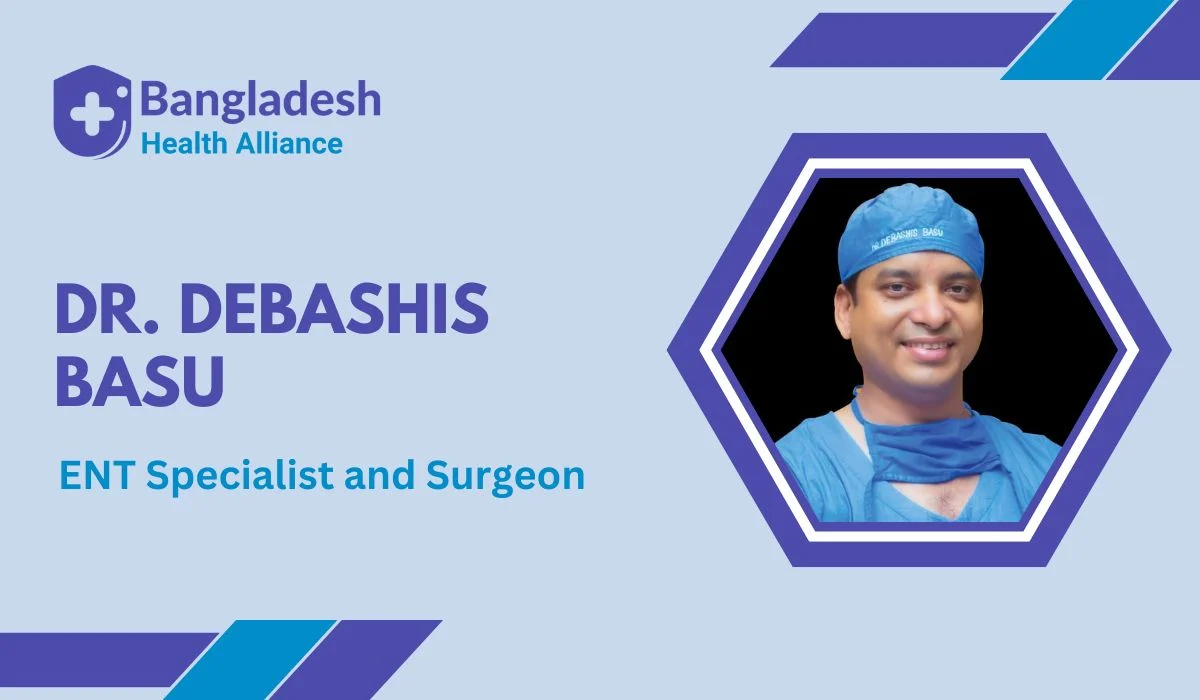 Portrait of Dr. Debashis Basu in blue surgical scrubs and cap, an ENT specialist from Sylhet, Bangladesh.