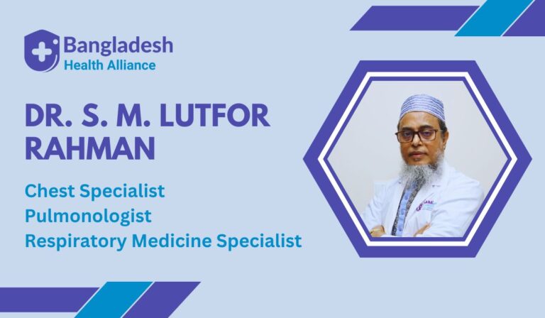 Professor Dr. S. M. Lutfor Rahman in medical attire, standing in his clinic, exemplifying his expertise in respiratory medicine.