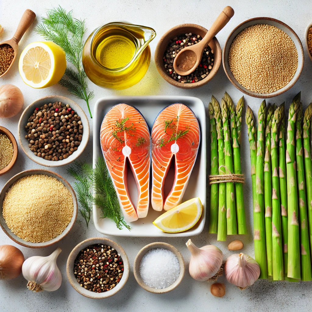 A neatly arranged display of ingredients for Baked Salmon with Asparagus and Quinoa_ 4 salmon fillets, olive oil, a lemon, minced garlic, dried dill,