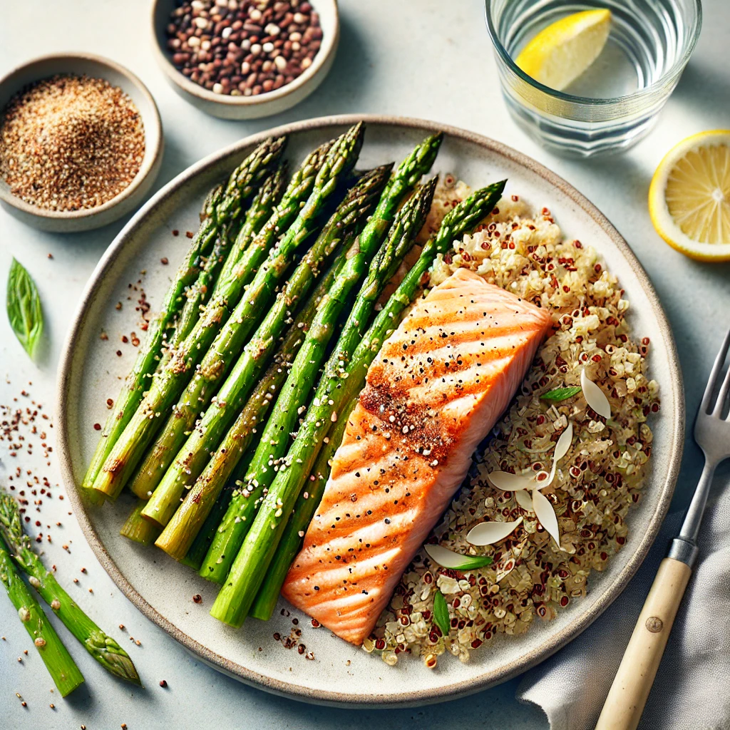 A plate with the assembled Baked Salmon with Asparagus and Quinoa. The plate should have a serving of cooked quinoa topped with a baked salmon fillet