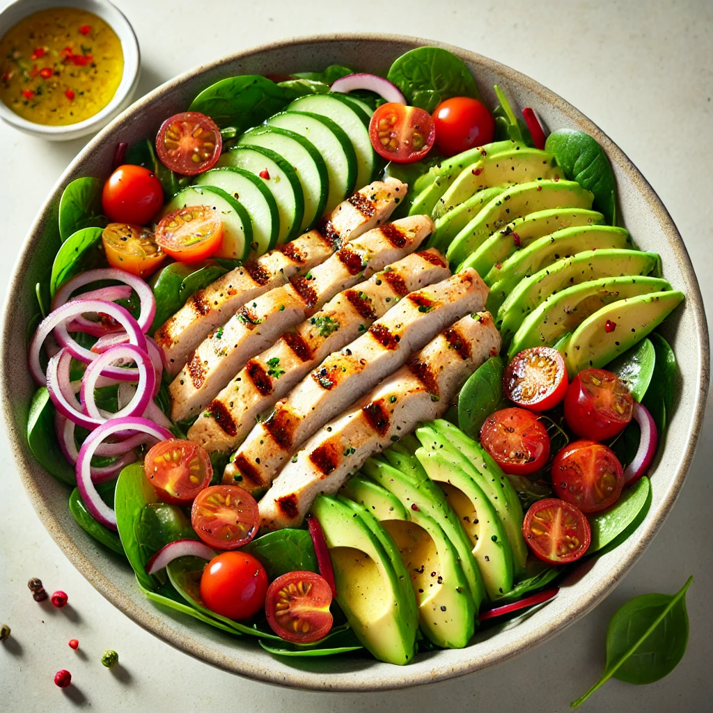 Assembling the Salad: Combining the grilled chicken, salad components, and dressing in a bowl. 