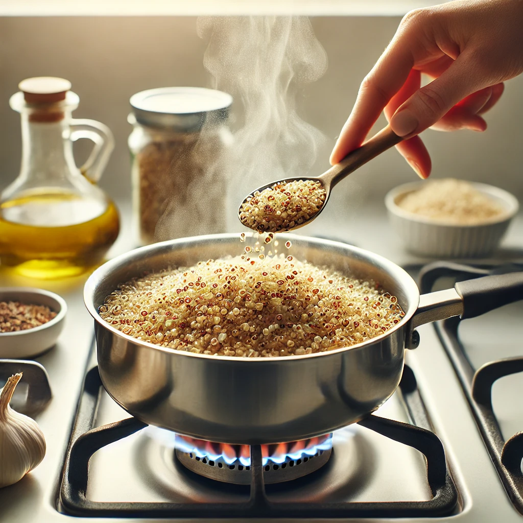 Quinoa being cooked in a medium saucepan with olive oil and minced garlic on a stovetop. The quinoa is simmering in broth and the kitchen setting is c