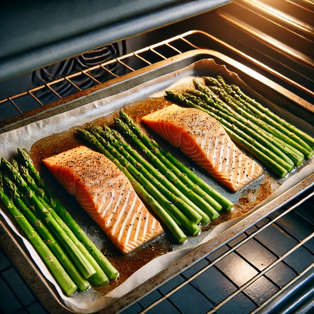 Salmon fillets and asparagus baking together on a baking sheet in a preheated oven at 400°F (200°C). The salmon is almost cooked with visible flakines