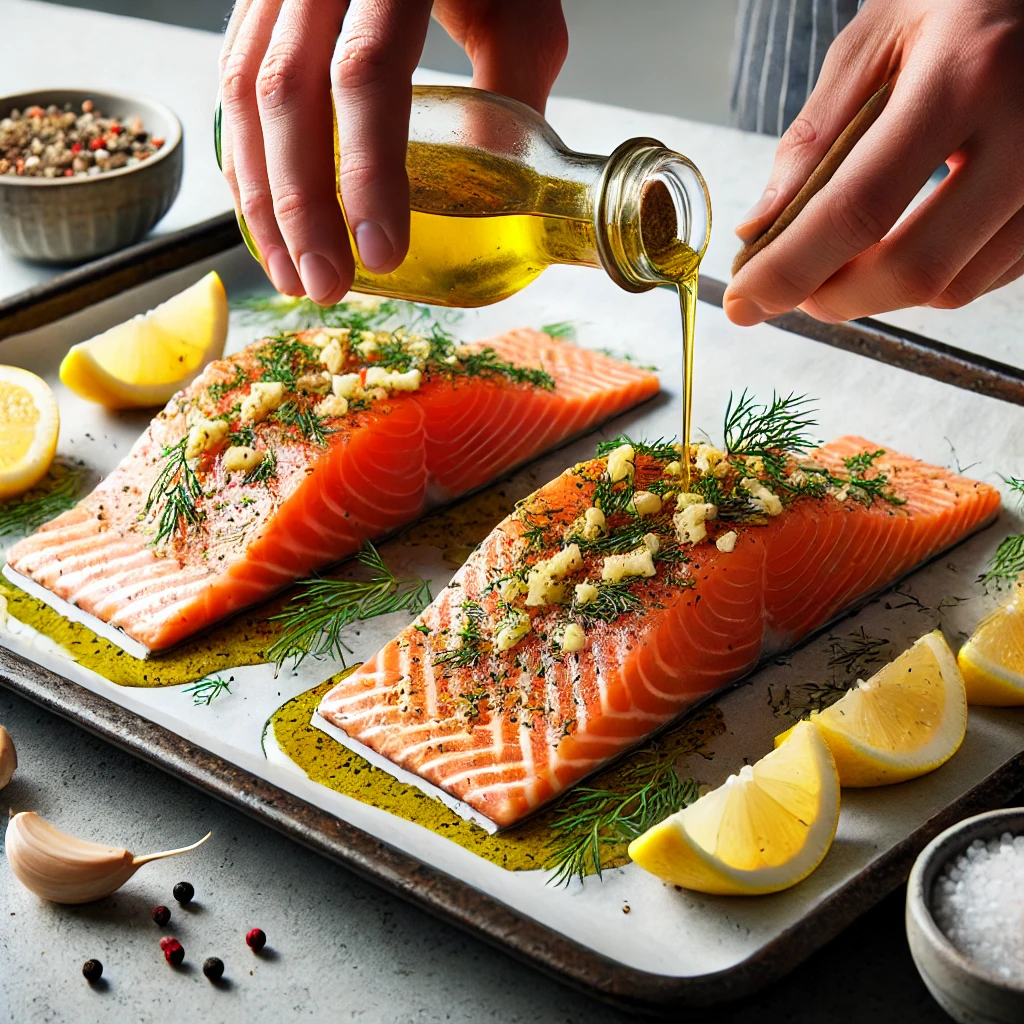 Salmon fillets being brushed with a mixture of olive oil, lemon juice, minced garlic, dried dill, salt, and pepper. The fillets are placed on a baking