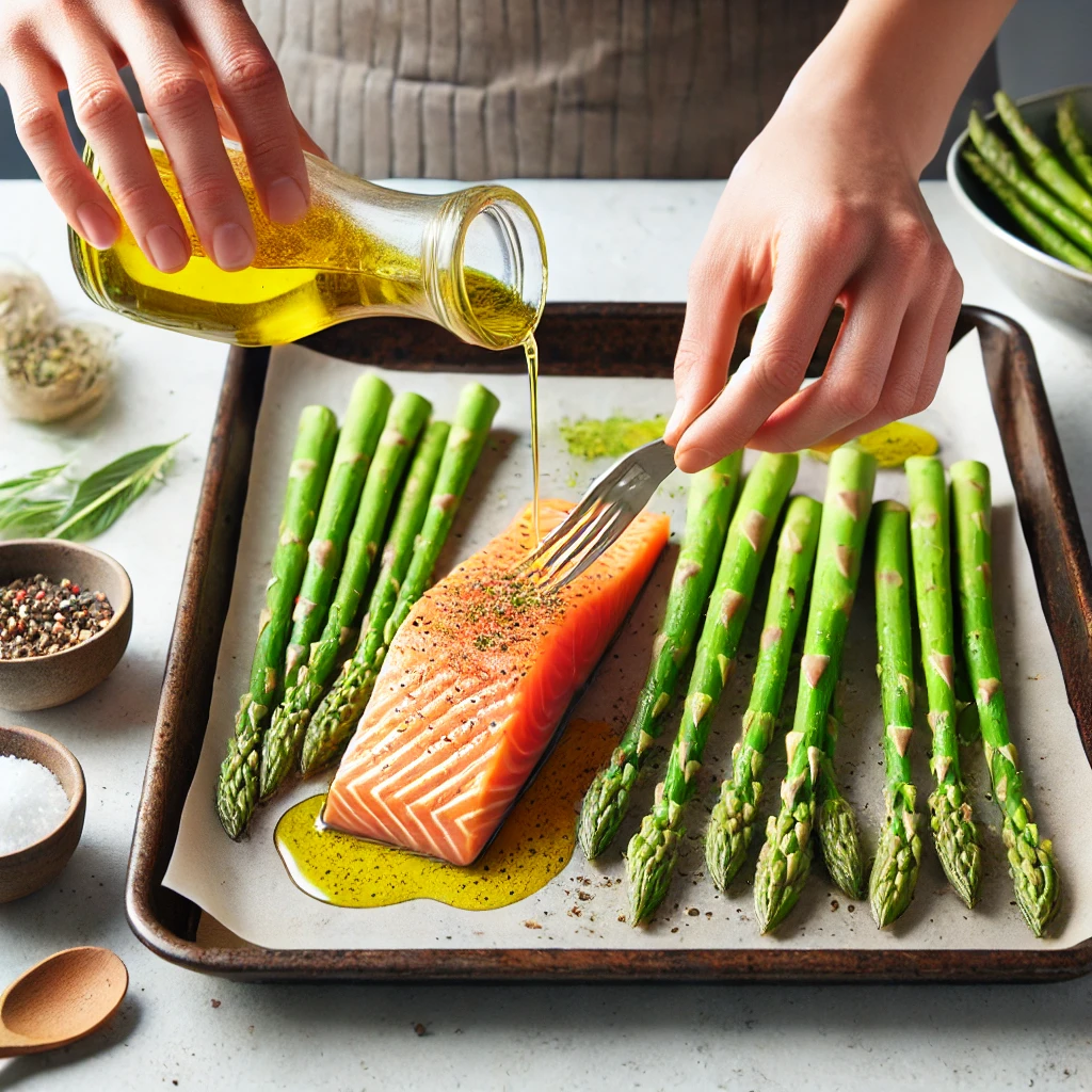 Trimmed asparagus being drizzled with olive oil and seasoned with salt and pepper on a baking sheet, ready to be baked alongside the salmon. The setti