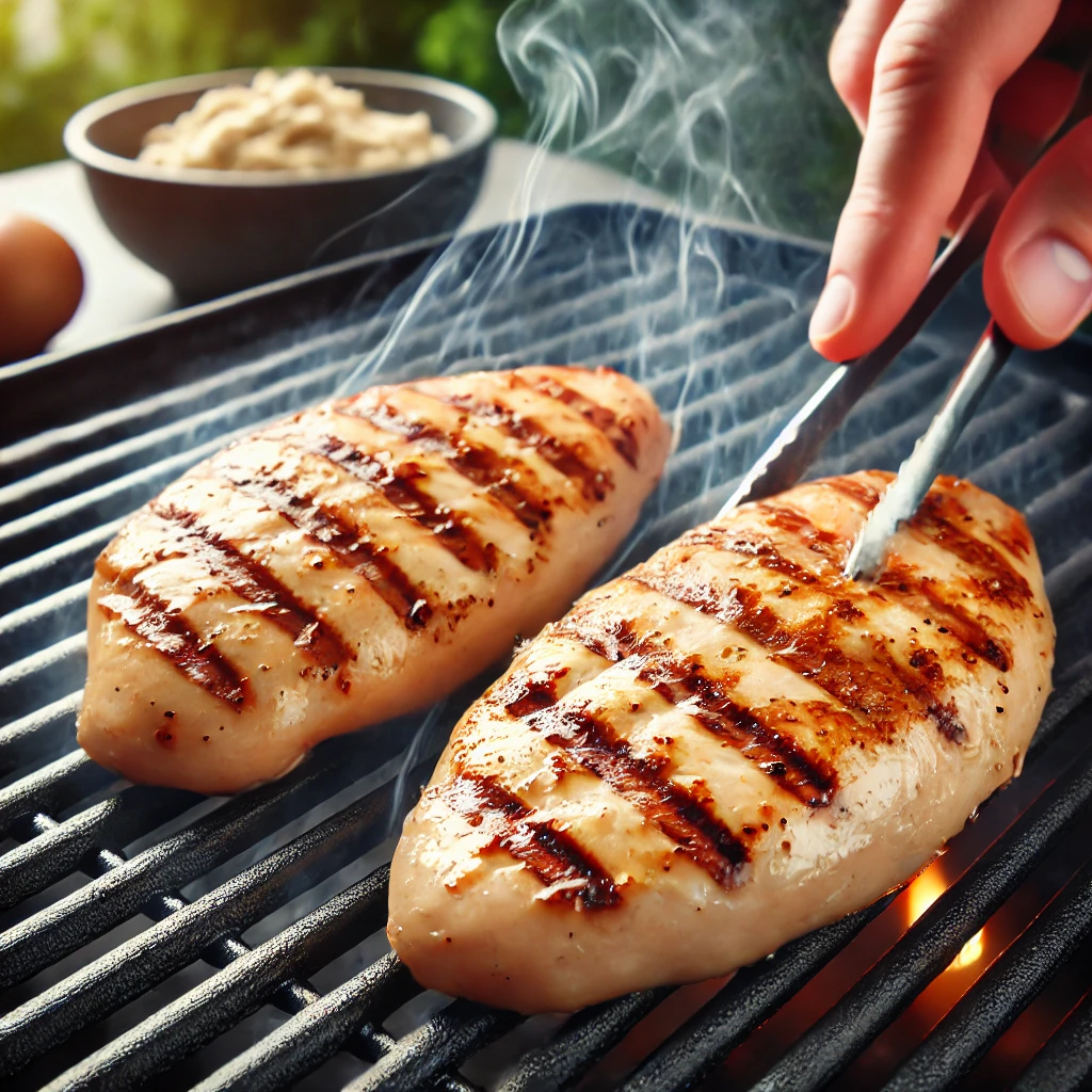 The chicken breasts on the grill, showing the grilling process