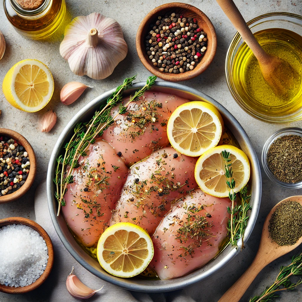 The chicken breasts being marinated with the lemon herb mixture