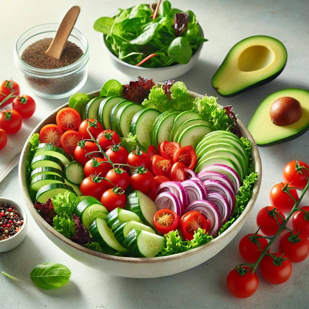 The mixed greens, sliced vegetables, and other salad components arranged in a bowl before combining.