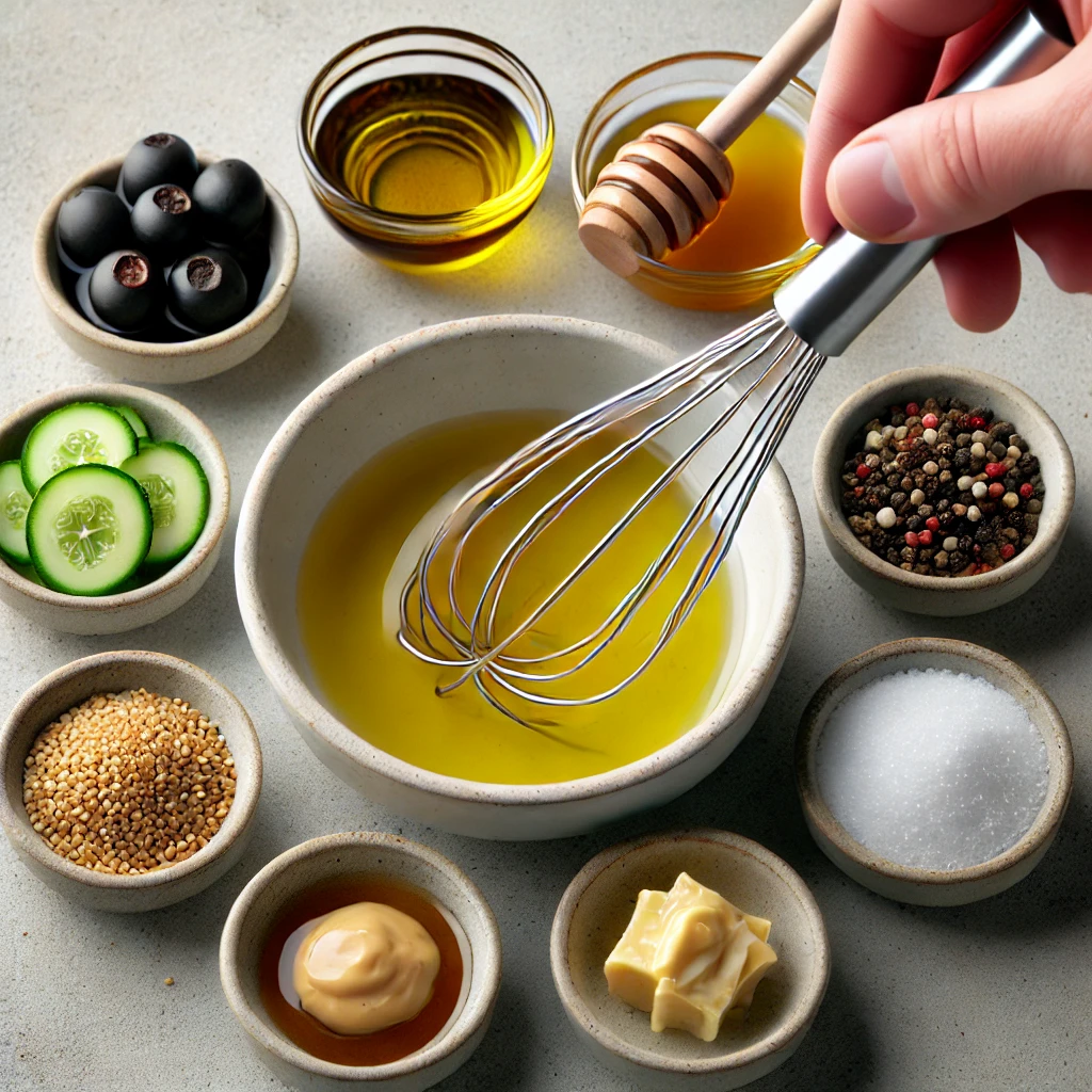 showing the process of whisking the dressing ingredients together.