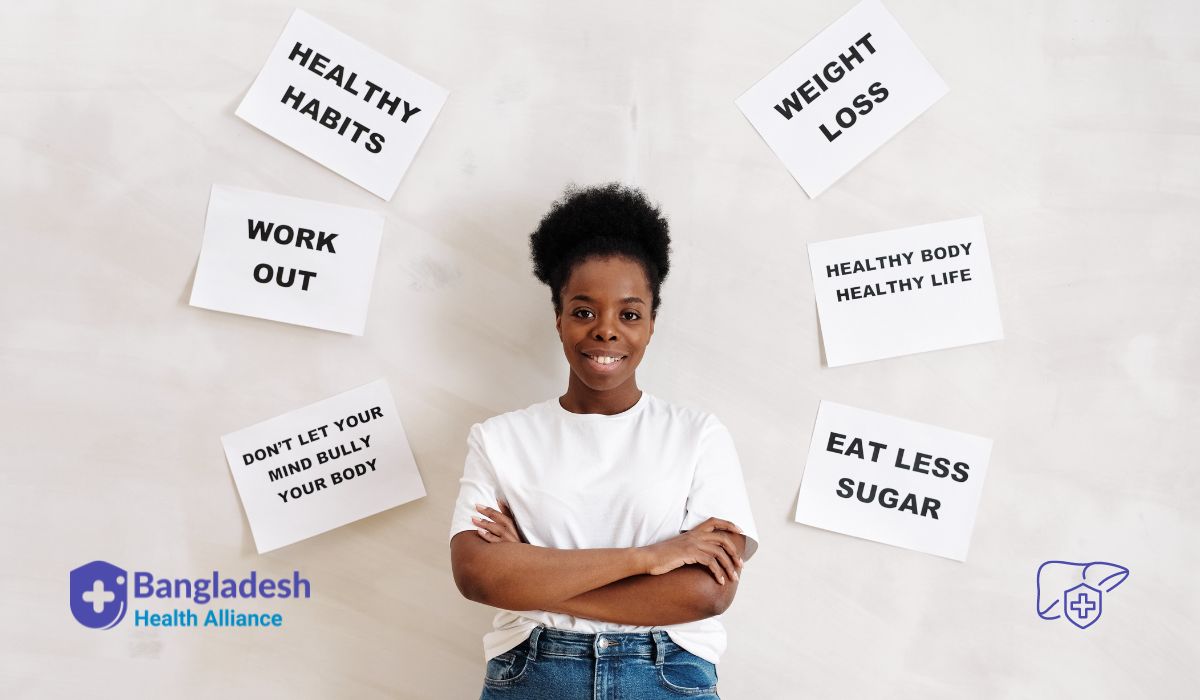  Liver-Friendly Lifestyle Habits: A woman standing confidently with various health habit signs around her.