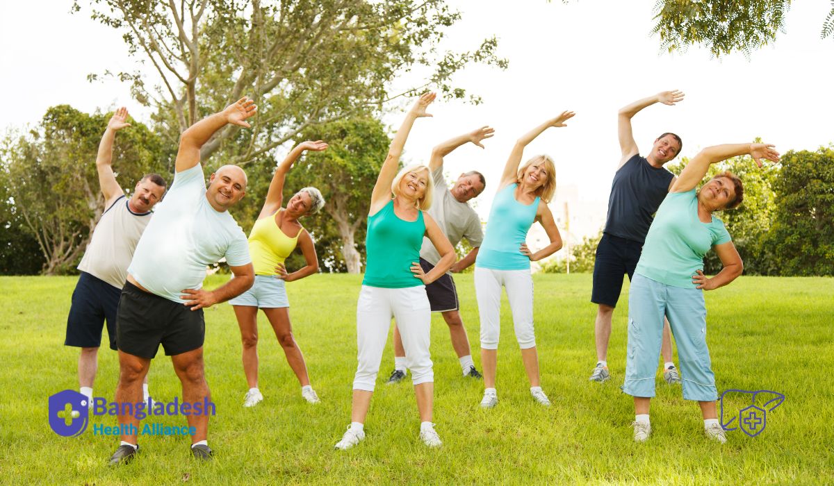 Boost Liver Health with Regular Exercise : A group of people performing outdoor exercise together.