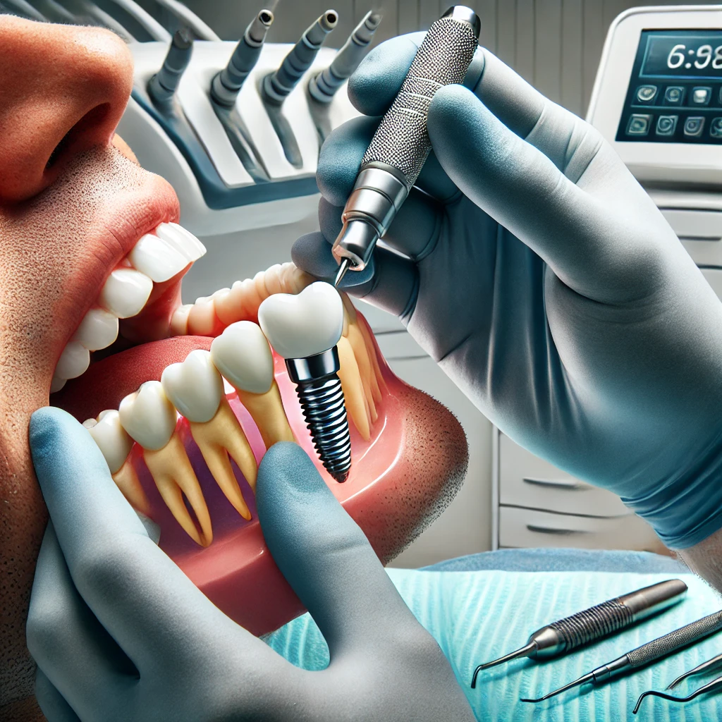 A close-up scene of a Dental Implant procedure in a modern dental clinic. A dentist is placing a titanium dental implant into a patient's jawbone