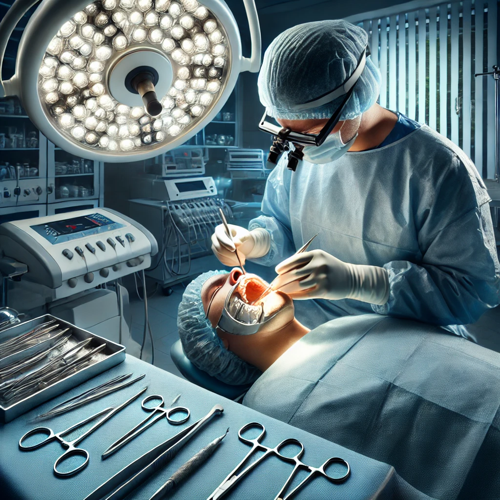 A scene of Maxillofacial and Dental Surgery in a modern surgical room. The dentist, dressed in surgical scrubs, is performing an oral surgery