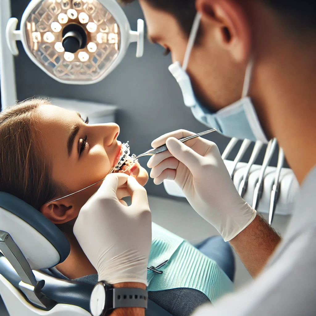 A close-up scene of an Orthodontics procedure in a modern dental clinic. A dental specialist is fitting braces on a patient’s teeth with precision