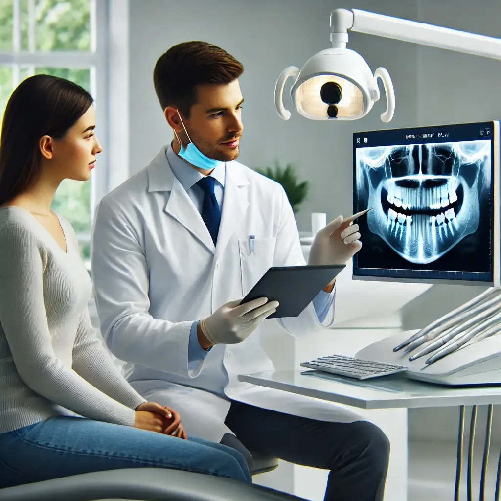 Dr. Wahedul Alam Almajidi Joseph consulting a patient about a personalized dental treatment plan in his Mouchak, Dhaka clinic. The dentist and patient review X-rays, reflecting Dr. Joseph’s detailed approach to creating custom dental solutions based on patient needs.