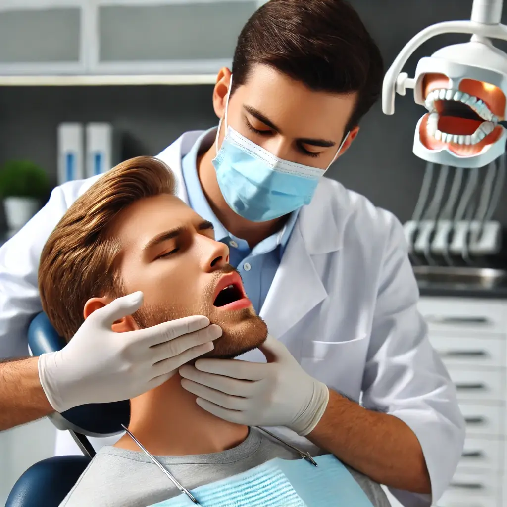 Asst. Prof. Dr. Wahedul Alam Almajidi Joseph examining a patient for TMJ disorders at his dental clinic in Mouchak, Dhaka. The scene highlights his non-surgical treatment options for relieving jaw pain and improving jaw function.