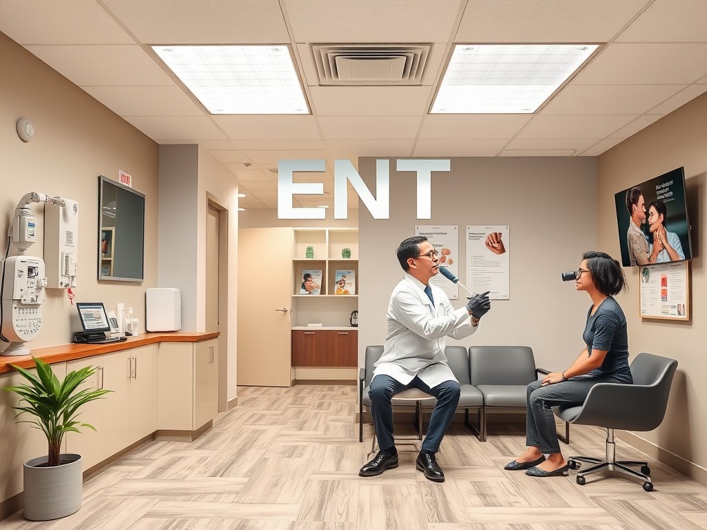 A modern ENT clinic where a doctor examines a patient’s throat using an endoscope. The environment features educational posters about ENT health and a welcoming atmosphere.