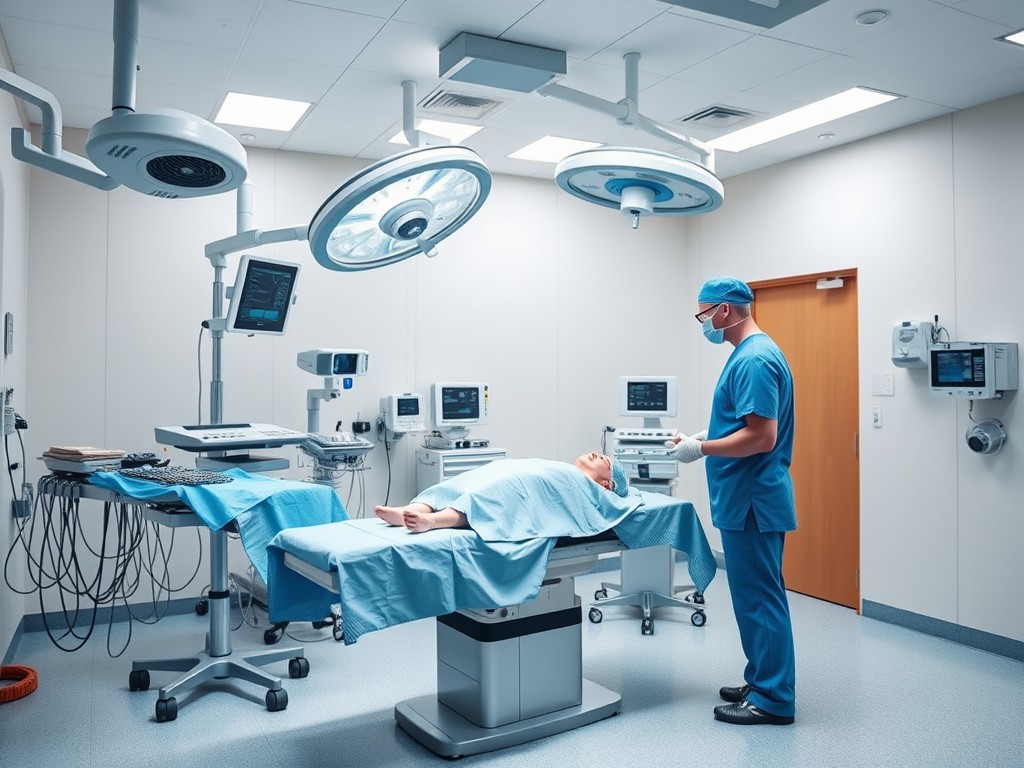 A surgical room focused on head and neck surgery, showcasing a surgeon in scrubs preparing for a procedure with a patient on the operating table and advanced medical equipment.