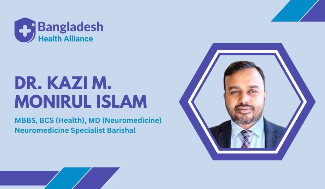 Dr. Kazi M. Monirul Islam's Business Card – A light blue business card with a hexagonal photo of Dr. Kazi M. Monirul Islam. Displays his name, MBBS, BCS (Health), MD (Neuromedicine), and title: Neuromedicine Specialist, Barishal. Features Bangladesh Health Alliance logo.