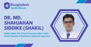 Dr. Md. Shahjahan Siddike (Shakil)'s Business Card – A light blue business card with a hexagonal photo of Dr. Md. Shahjahan Siddike (Shakil). Includes his name, MBBS (DMC), MD (Chest Diseases), MACP (USA), and title: Chest Diseases & Respiratory Medicine Specialist.
