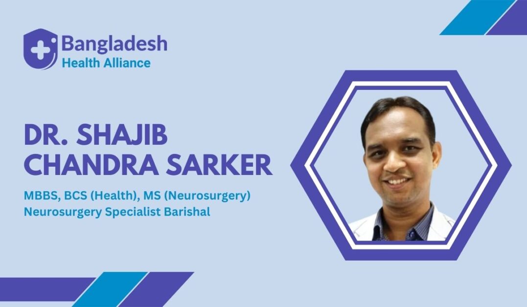 Dr. Shajib Chandra Sarker's Business Card – A light blue business card featuring a hexagonal photo of Dr. Shajib Chandra Sarker. Displays his name, MBBS, BCS (Health), MS (Neurosurgery), and title: Neurosurgery Specialist, Barishal.