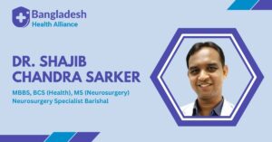 Dr. Shajib Chandra Sarker's Business Card – A light blue business card featuring a hexagonal photo of Dr. Shajib Chandra Sarker. Displays his name, MBBS, BCS (Health), MS (Neurosurgery), and title: Neurosurgery Specialist, Barishal.
