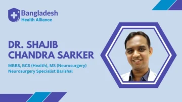 Dr. Shajib Chandra Sarker's Business Card – A light blue business card featuring a hexagonal photo of Dr. Shajib Chandra Sarker. Displays his name, MBBS, BCS (Health), MS (Neurosurgery), and title: Neurosurgery Specialist, Barishal.