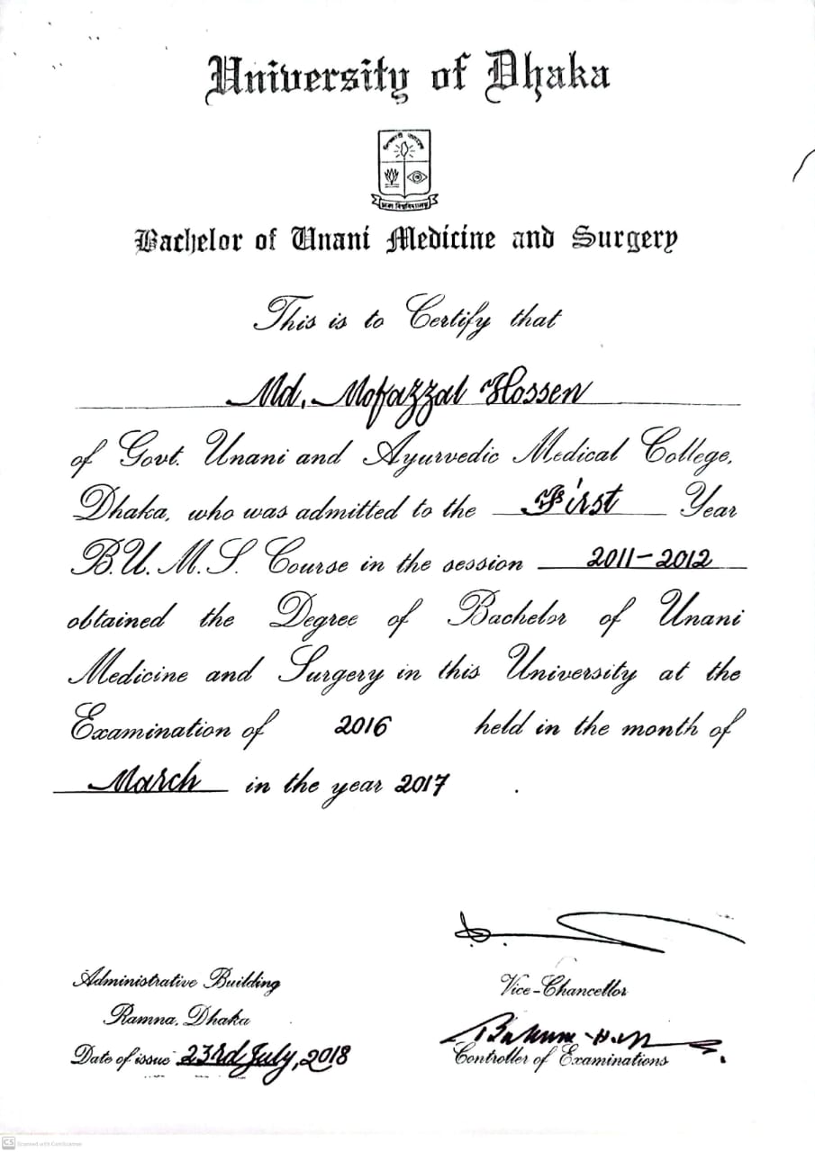 Official certificate of registration for Dr. Md Mofazzal Hossen issued by the Directorate General of Health Services, Dhaka, confirming his qualification as a Unani Medical Graduate Practitioner.