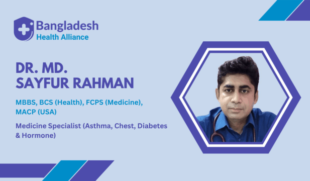 Profile banner of Dr. Md. Sayfur Rahman, Medicine Specialist in Khulna, affiliated with Bangladesh Health Alliance. Includes his photo, qualifications (MBBS, BCS Health, FCPS Medicine, MACP USA), and specialties (Asthma, Chest, Diabetes & Hormone).