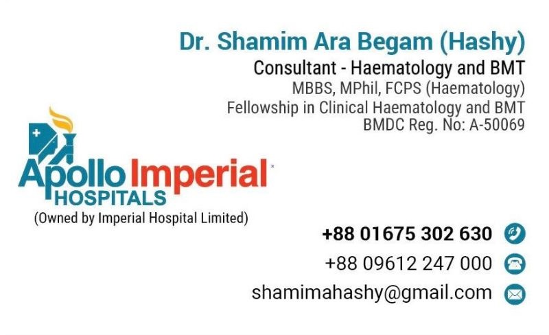 Dr. Shamim Ara Begam (Hashy)'s Visiting card - Apollo Imperial Hospitals, Chattogram
