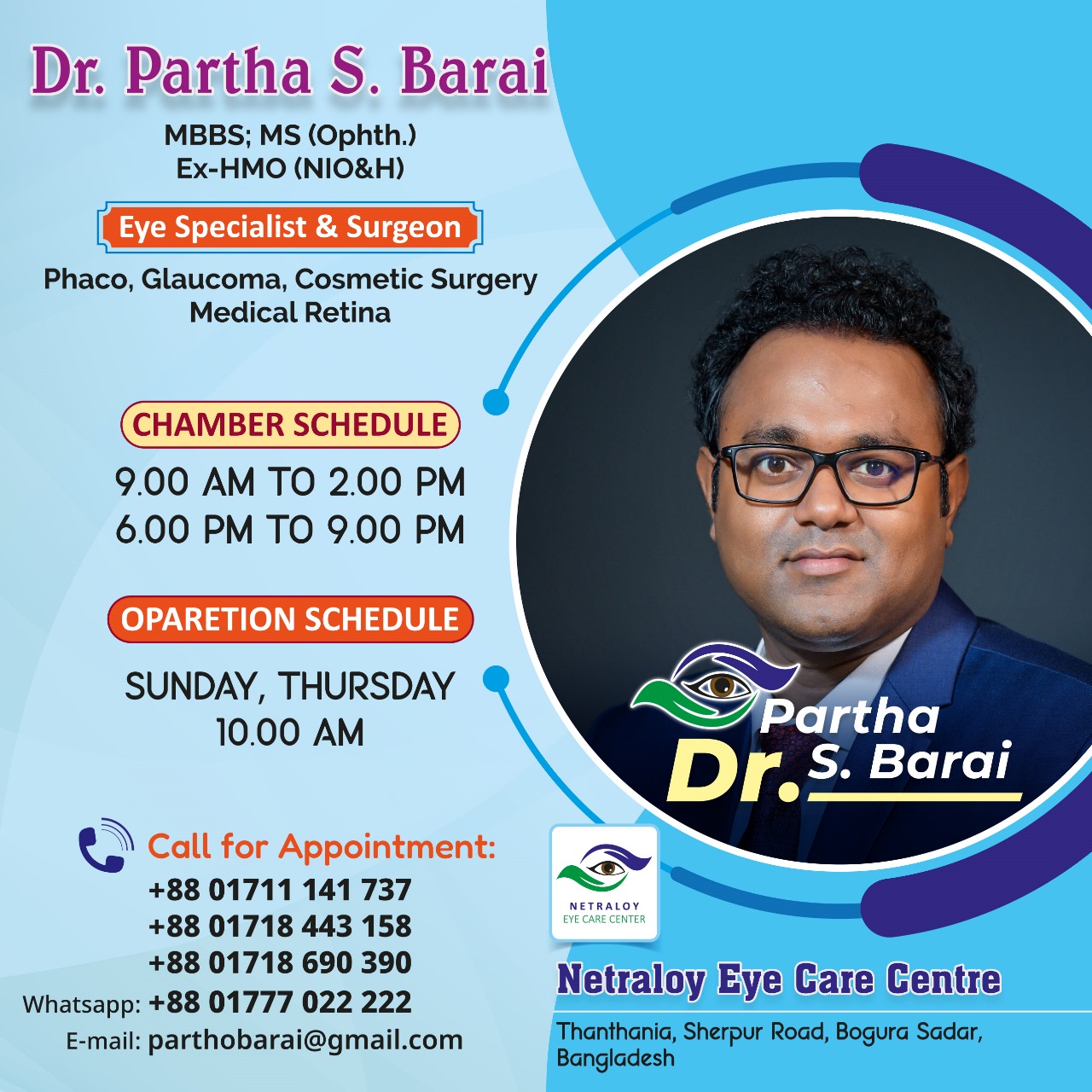 Promotional banner of Dr. Partha S. Barai, Eye Specialist and Surgeon at Netraloy Eye Care Centre, showing chamber and operation schedules, contact numbers, and appointment details in Bogura.