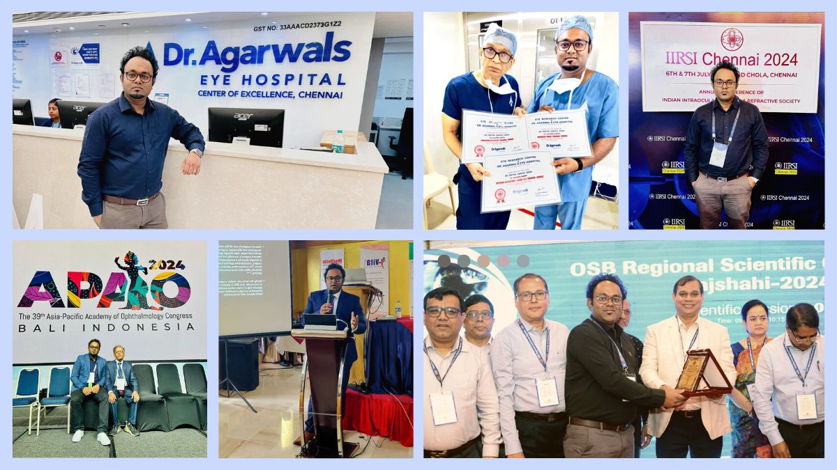 A professional photo collage of Dr. Partha Sarathi Barai, Eye Specialist and Surgeon from Bogura, Bangladesh, showcasing his participation in APAO 2024 in Bali, IIRSI Chennai 2024, advanced training at Dr. Agarwals Eye Hospital, conference presentations, and receiving awards for ophthalmology contributions.
