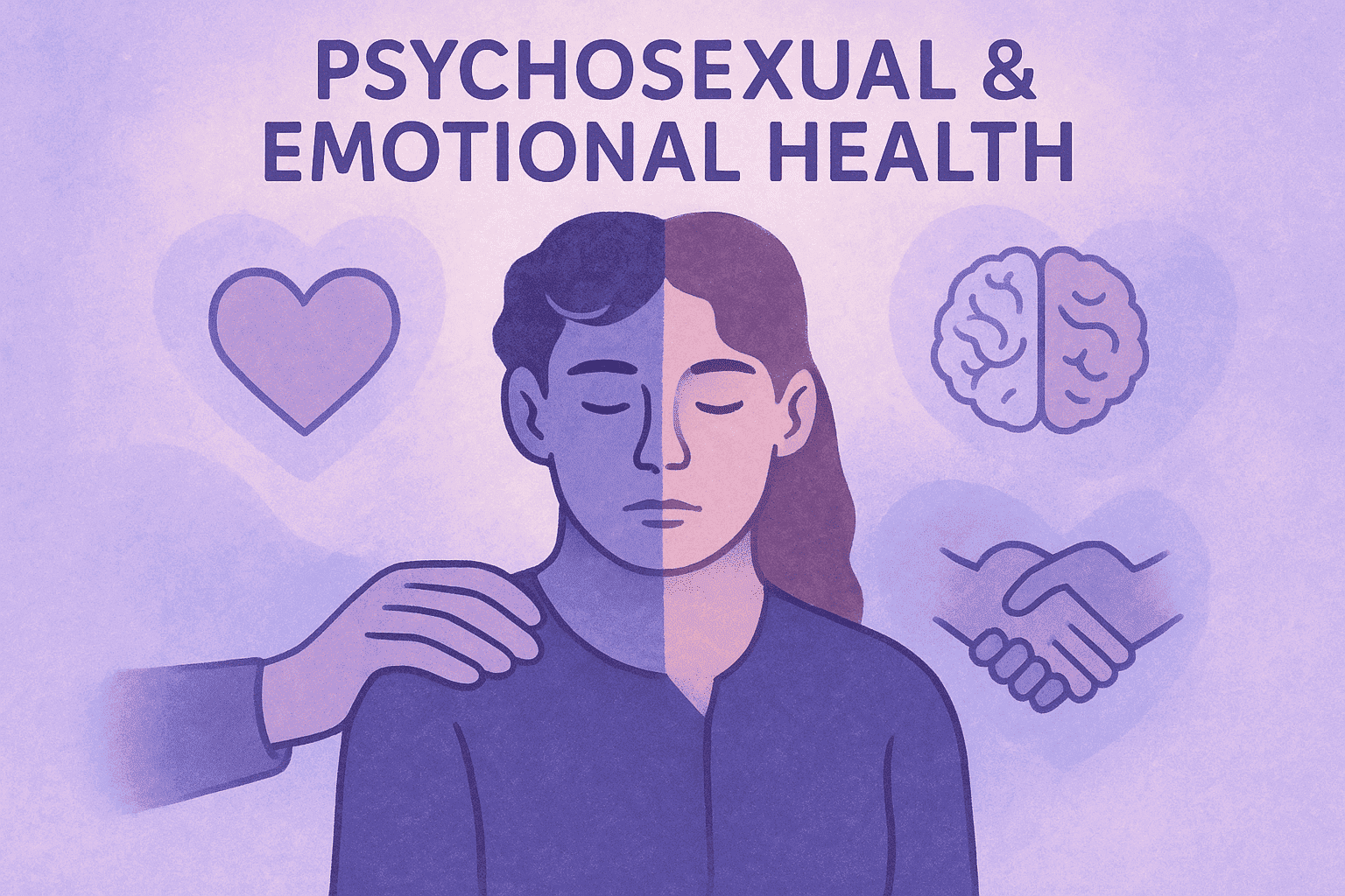 Psychosexual & Emotional Health – Supportive hand, blended male/female face, symbols of empathy and mental health.