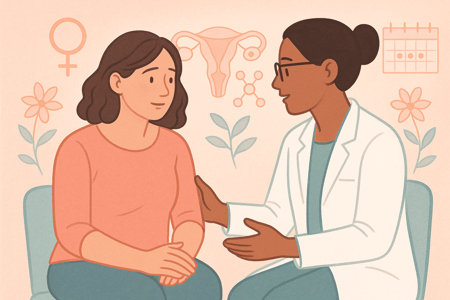 Female Reproductive & Hormonal Health – Warm consultation between doctor and woman, reproductive and wellness symbols in background.