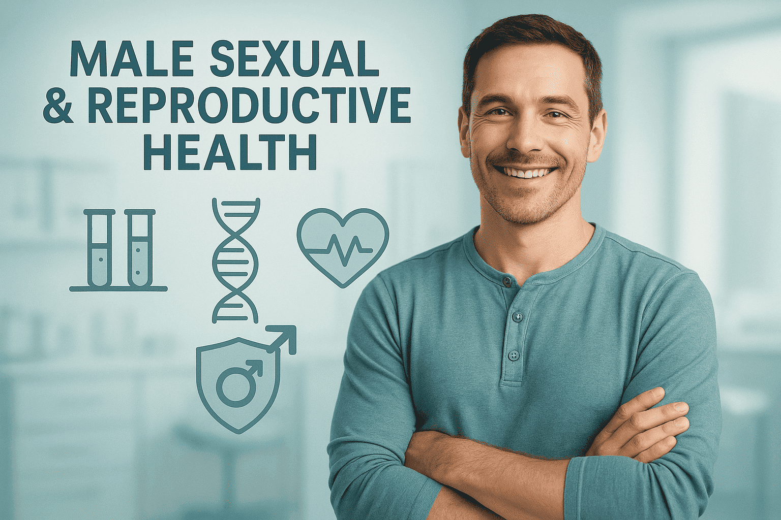 Male Sexual & Reproductive Health – Confident, healthy man with medical and reproductive icons, reinforcing positivity and expertise.