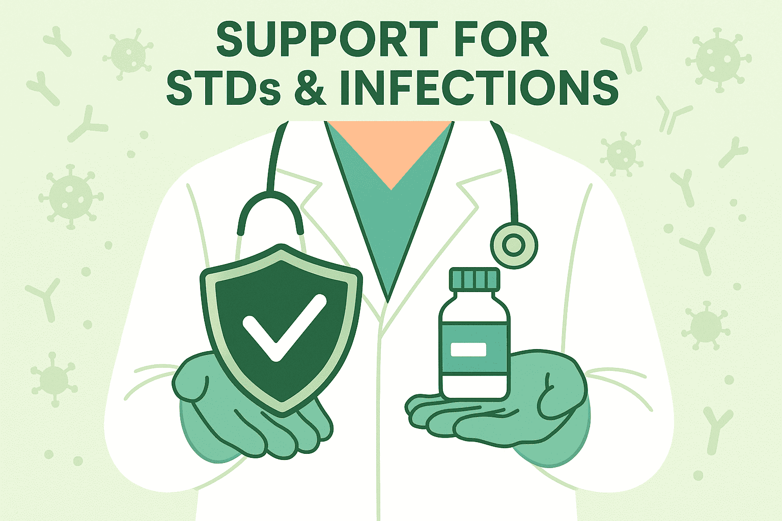 Support for STDs & Infections – Doctor with shield and medicine bottle, medical icons in the background.