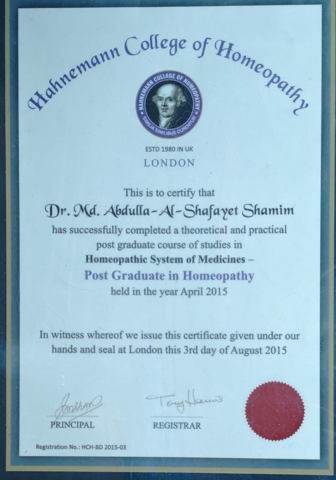 Dr. Md. Abdullah Al Shafayet Shamim, Post Graduate in Homeopathy