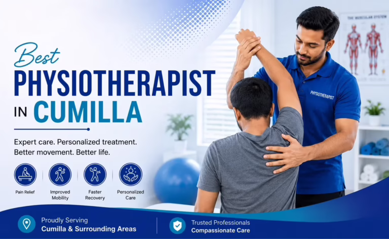 Therapist assisting a patient with strength and flexibility training in Cumilla and Debidwar.