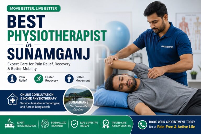 Physiotherapist providing rehabilitation treatment to a patient in Sunamganj, Bangladesh.