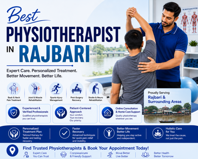 Physiotherapist guiding a patient through movement exercises in Rajbari, serving Rajbari Sadar and nearby areas.