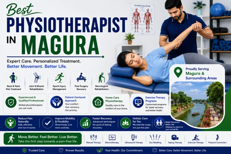 Physiotherapist guiding a patient through movement exercises in Magura, serving Shalikha and nearby areas.