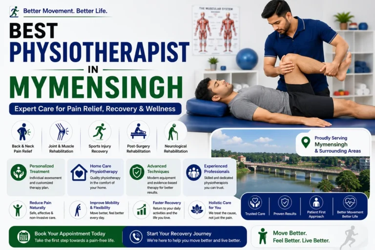 Patient receiving physiotherapy for arthritis and joint movement in Mymensingh, near Fulbaria.