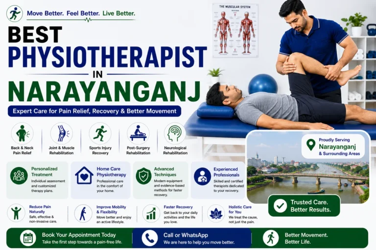Therapist assisting a patient with strength and flexibility training in Narayanganj and Araihazar.