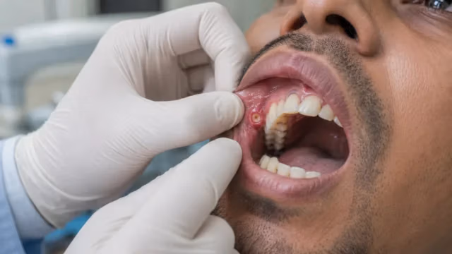 Close-up clinical examination of cheek or buccal mucosa cancer inside the mouth