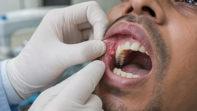 Close-up clinical examination of cheek or buccal mucosa cancer inside the mouth