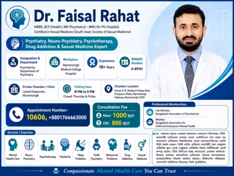 Dr. Faisal Rahat, psychiatrist in Mymensingh, with qualifications, chamber details, fees and appointment information