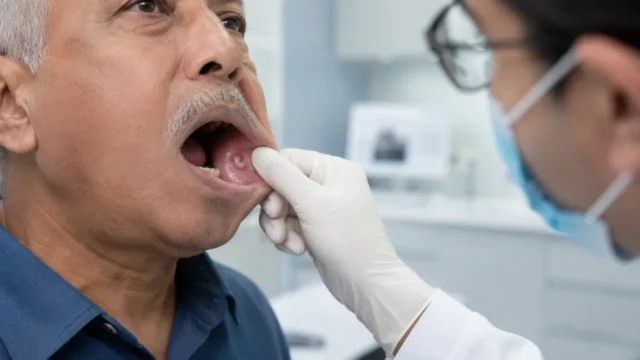 Clinical examination of gum cancer inside the mouth during an oral cancer check-up in Dhaka